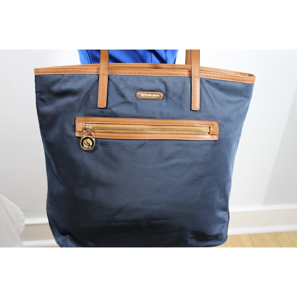 Michael Kors Kempton Tote Navy Nylon & Brown Leather Trim with gold accents